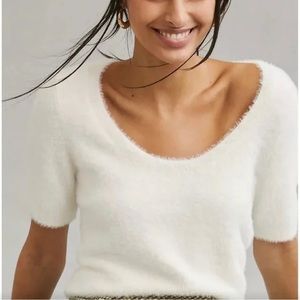 Anthropologie Maeve Scoop Neck Ivory White Eyelash Sweater Tee Size XL
